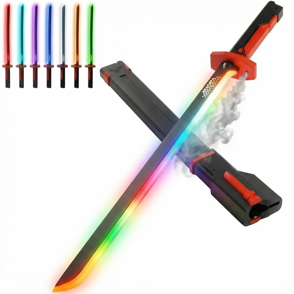 Cravonel RGB Light Up Saber Toy with Smoke Mist Effect, 7 Color Neon Lightsaber, Sound Effects